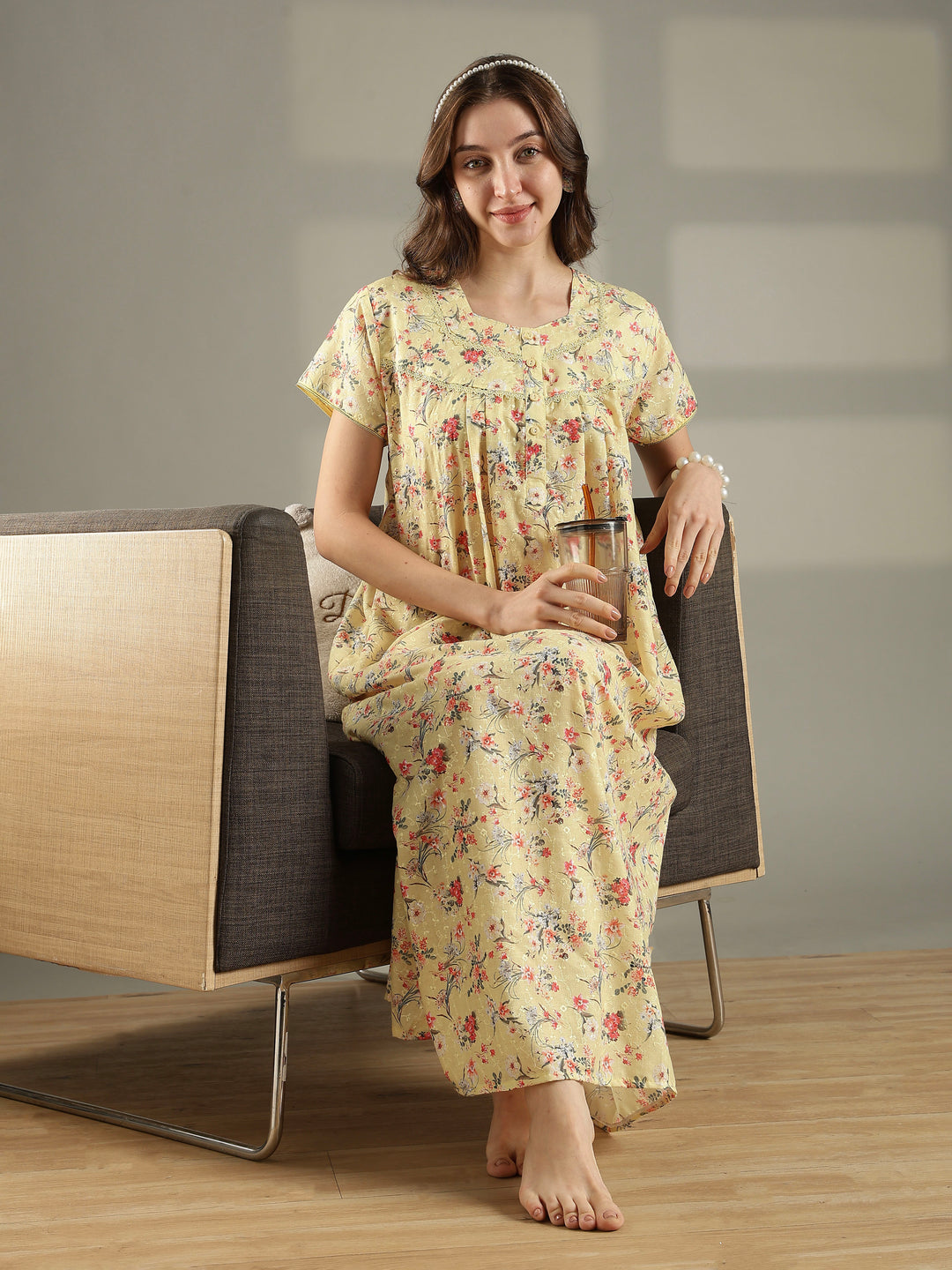 Yellow floral 100% pure cotton nighty for women for summer