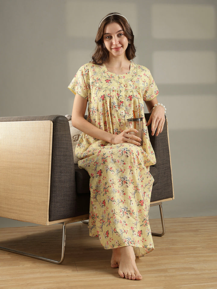 Yellow floral 100% pure cotton nighty for women for summer