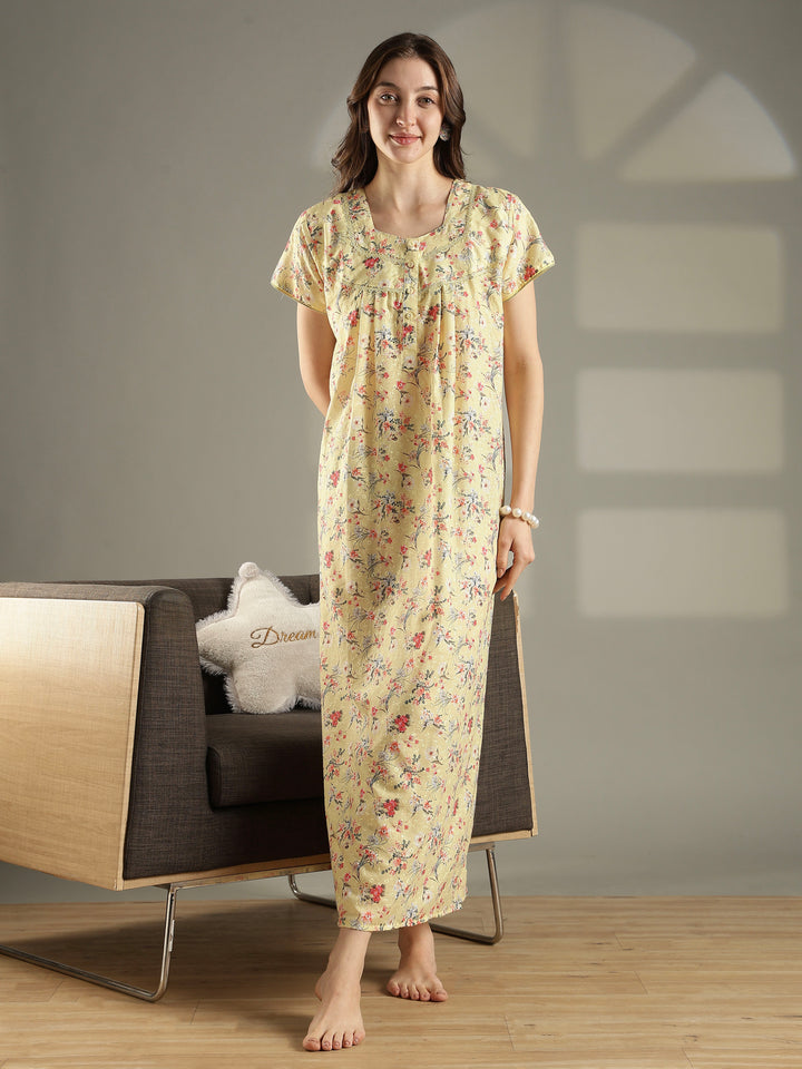 Yellow floral 100% pure cotton nighty for women for summer