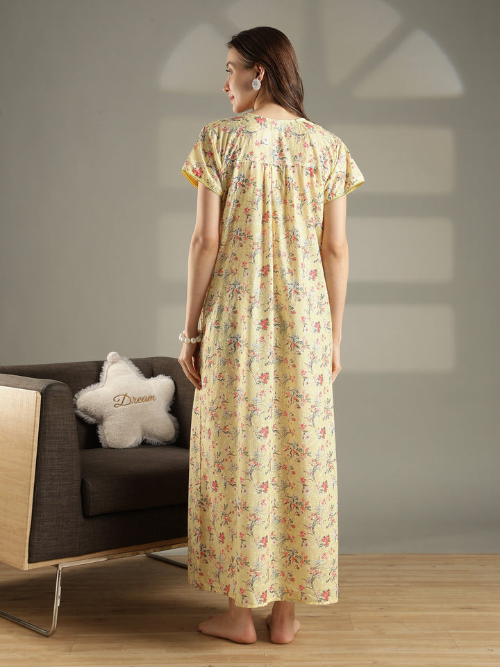 Yellow floral 100% pure cotton nighty for women for summer