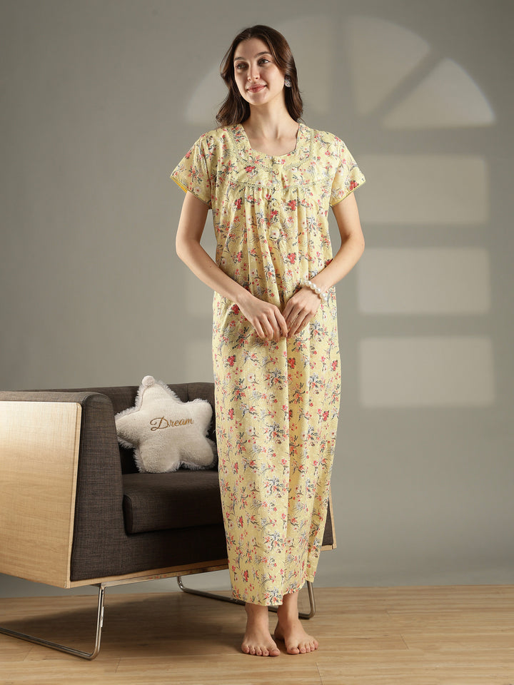 Yellow floral 100% pure cotton nighty for women for summer