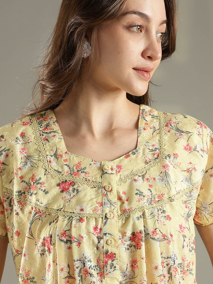 Yellow floral 100% pure cotton nighty for women for summer