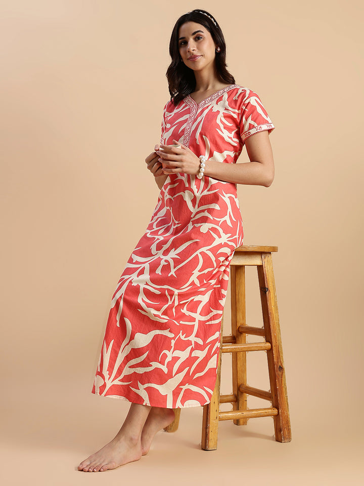 Sunset Ember Leaf Print Pure Cotton Nighties for Women