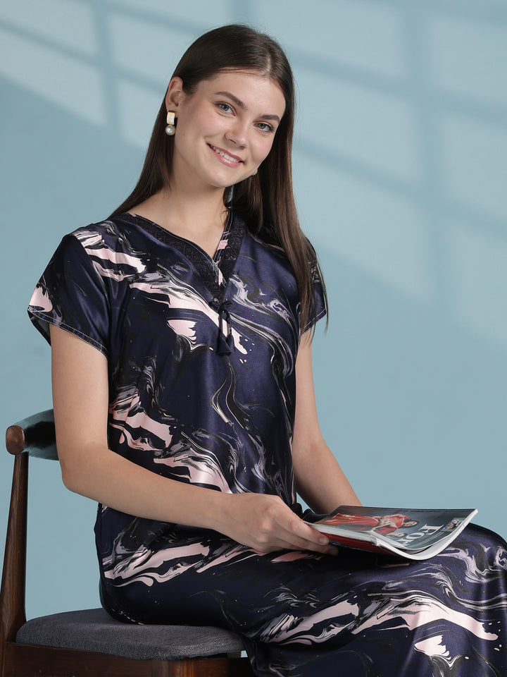Luxe designer satin nighty for women with swirl prints
