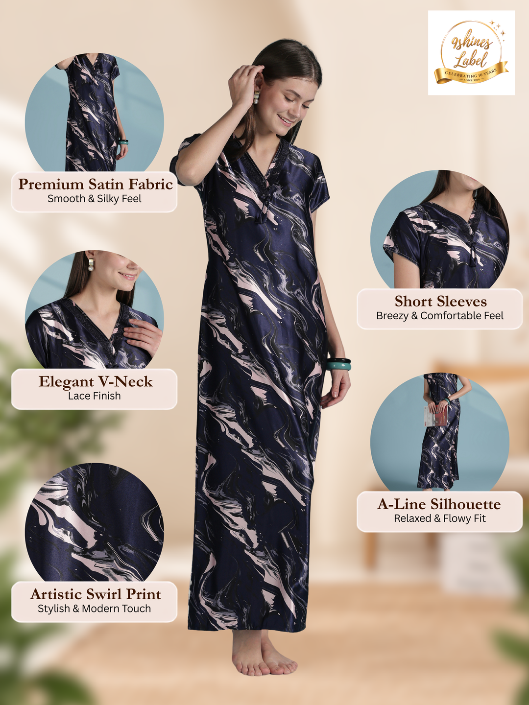 Luxe designer satin nighty for women with swirl prints