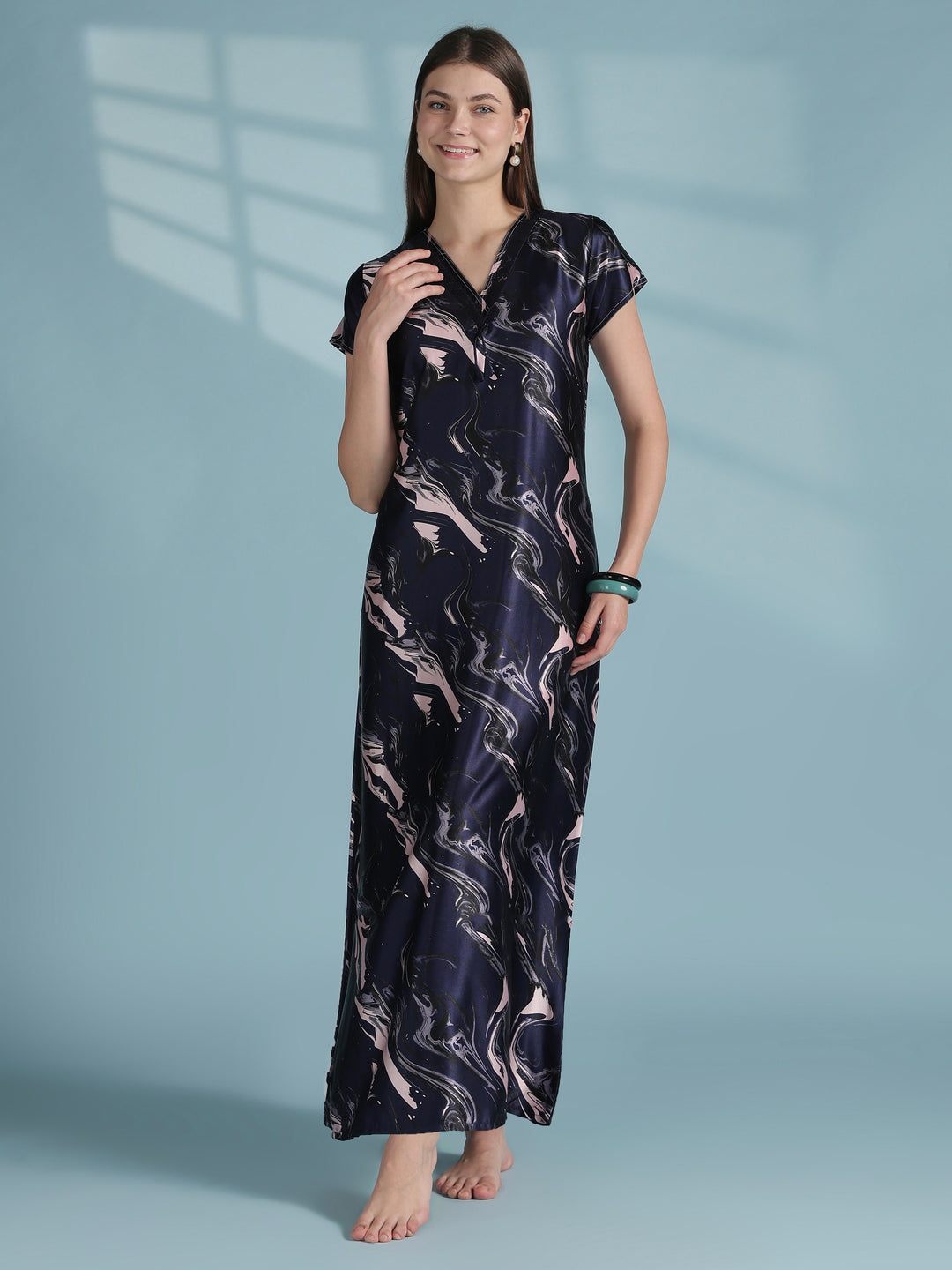 Luxe designer satin nighty for women with swirl prints