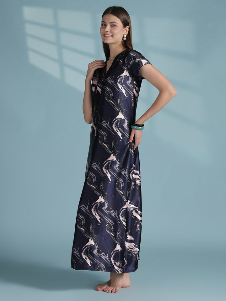 Luxe designer satin nighty for women with swirl prints