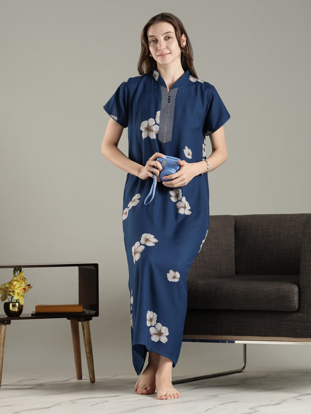 Teal blue alpine floral a-line fancy nighty for women