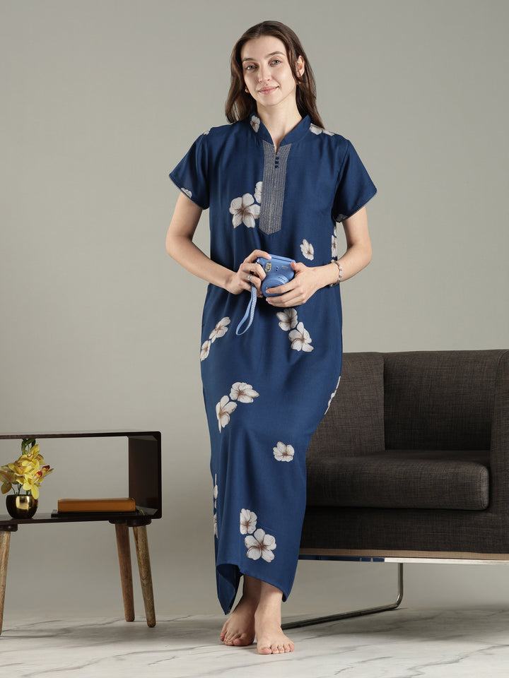 Teal blue alpine floral a-line fancy nighty for women