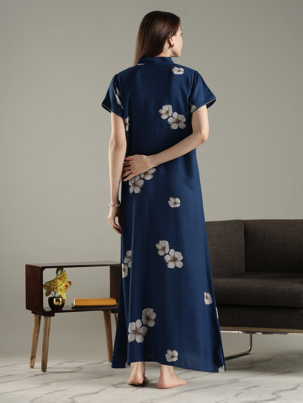 Teal blue alpine floral a-line fancy nighty for women