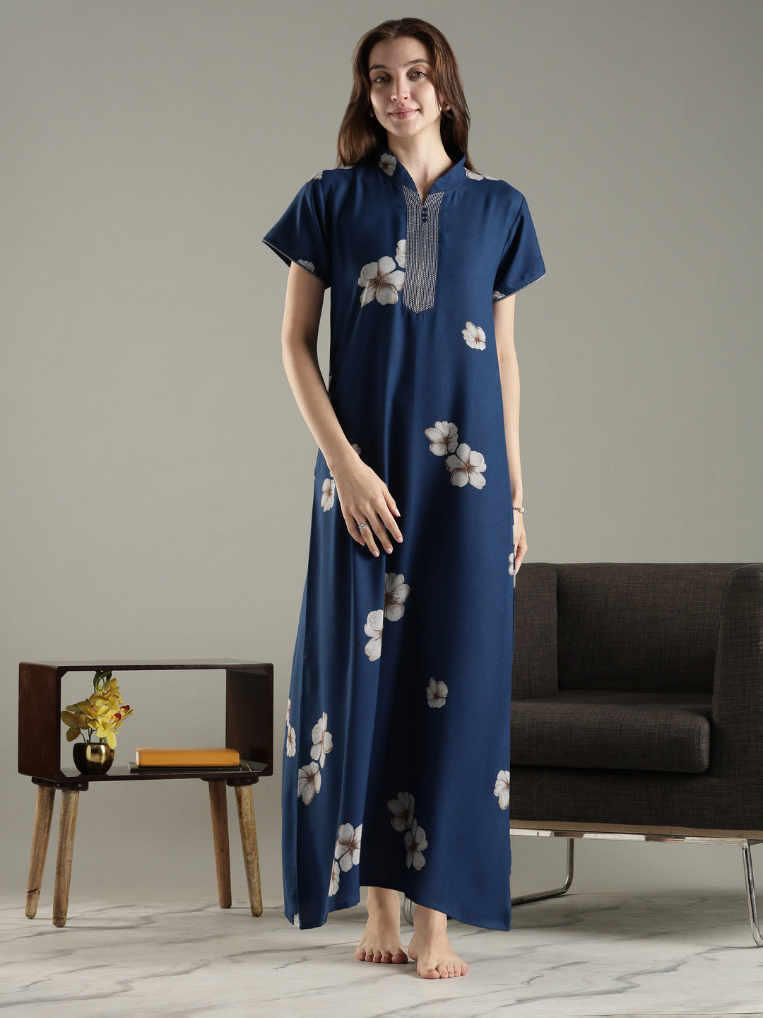 Teal blue alpine floral a-line fancy nighty for women