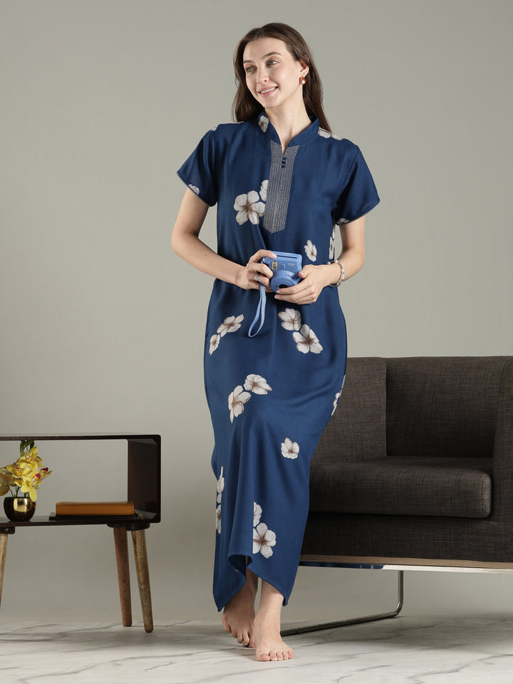 Teal blue alpine floral a-line fancy nighty for women