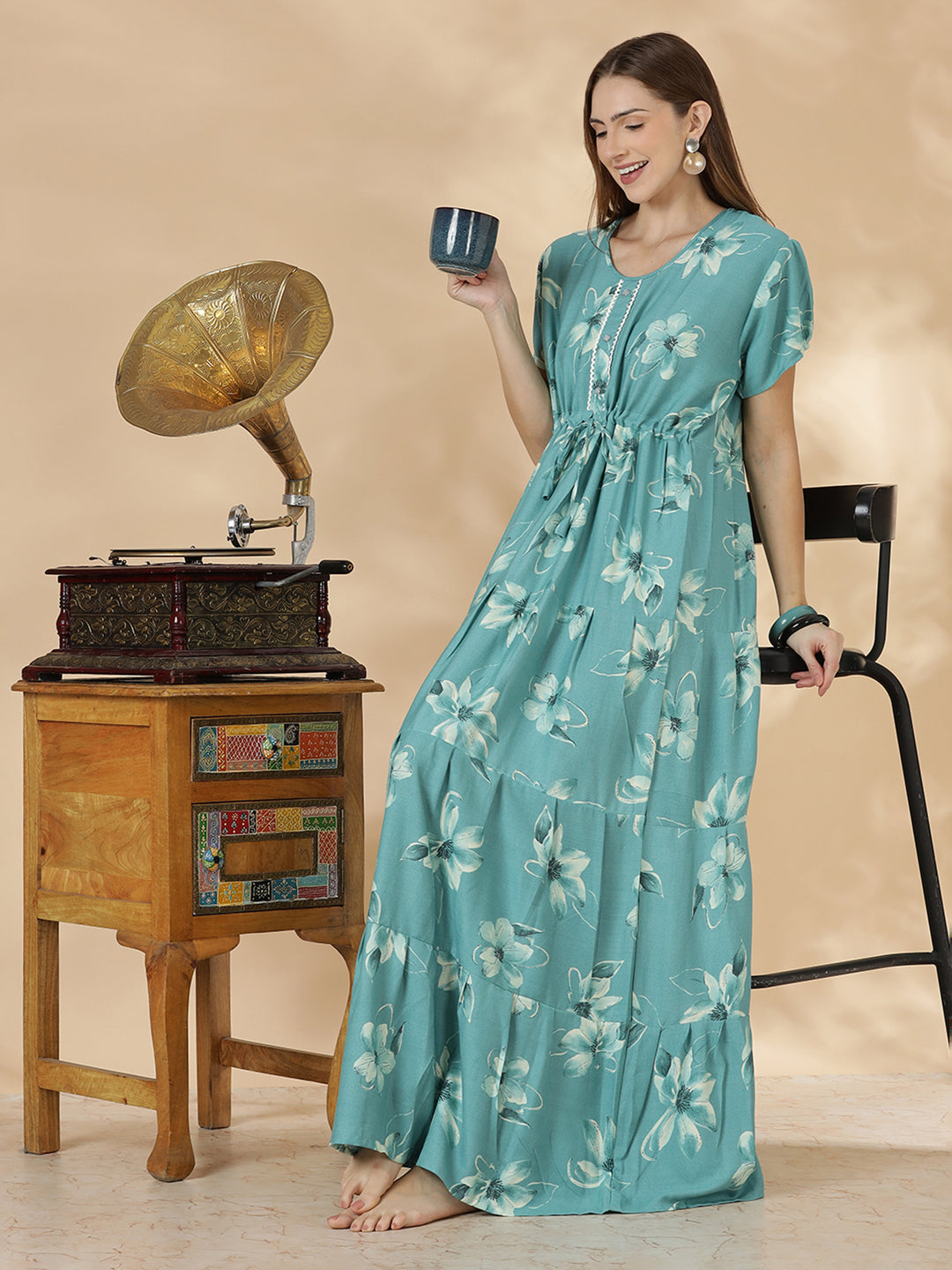 Floral alpine teal blue frock type nighty for women