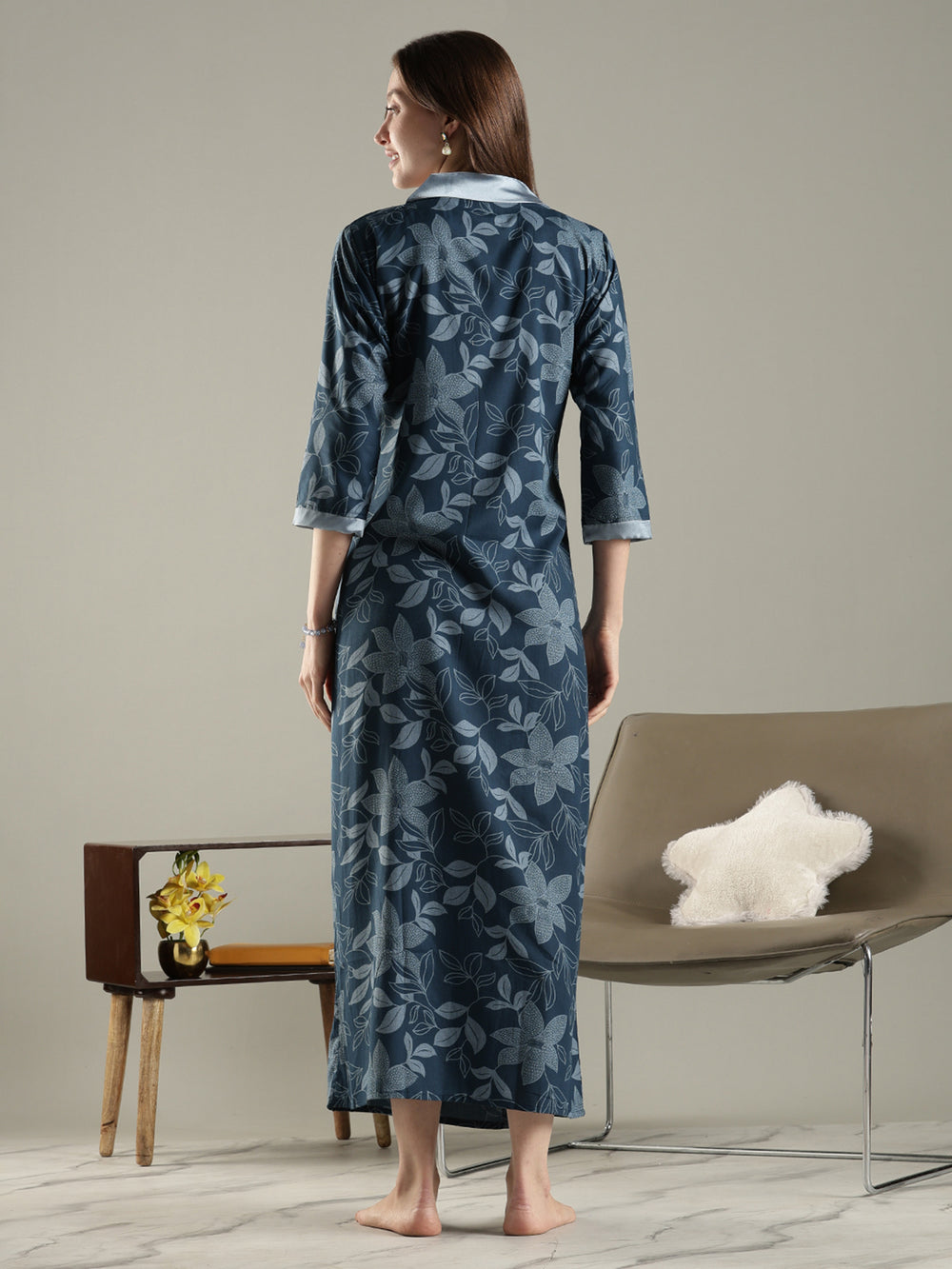 Teal blue soft floral trendy house Coat for women in viscose blend