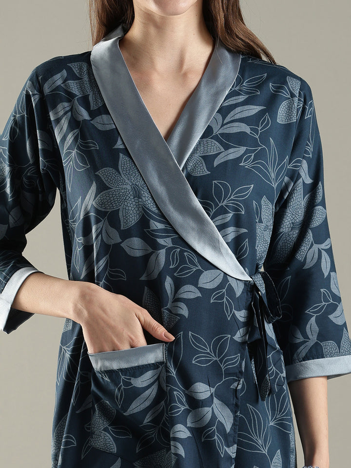 Teal blue soft floral trendy house Coat for women in viscose blend