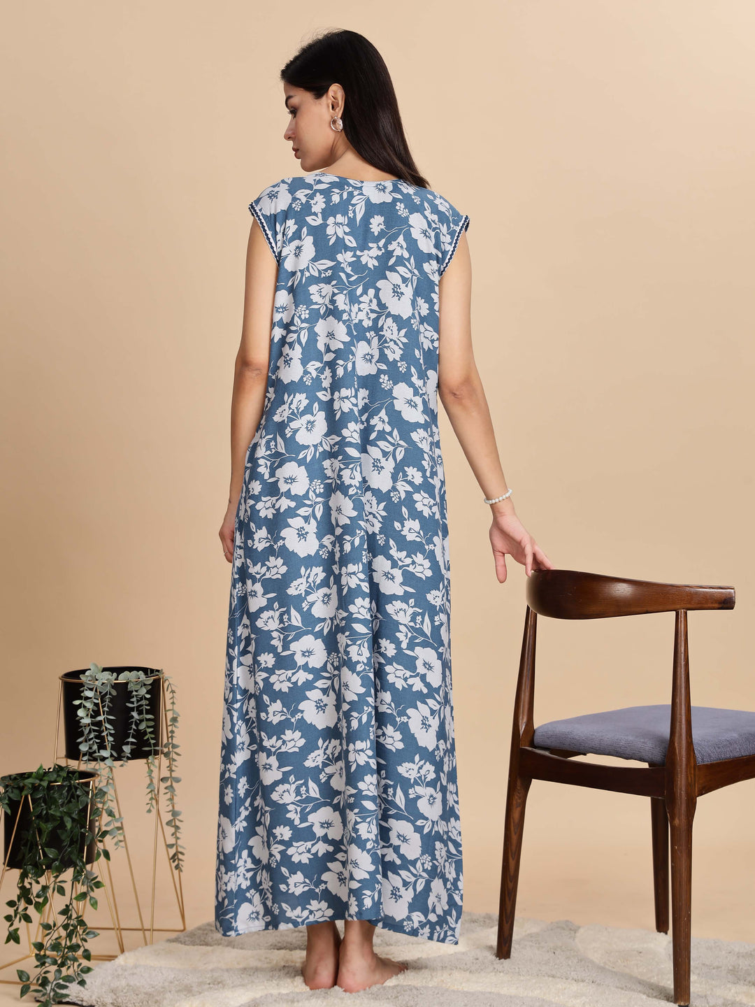 Teal Blue Sleeveless Night dress for Women