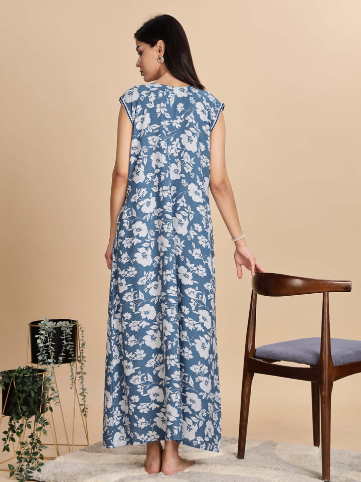 Teal Blue Sleeveless Night dress for Women