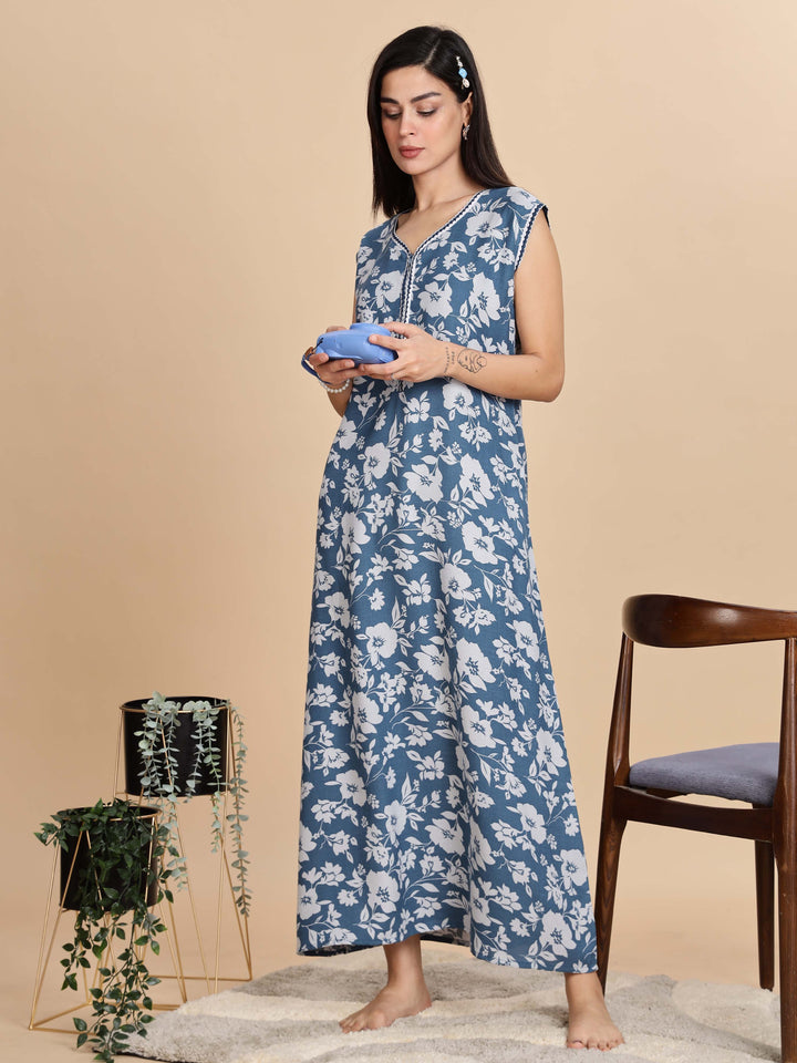 Teal Blue Sleeveless Night dress for Women