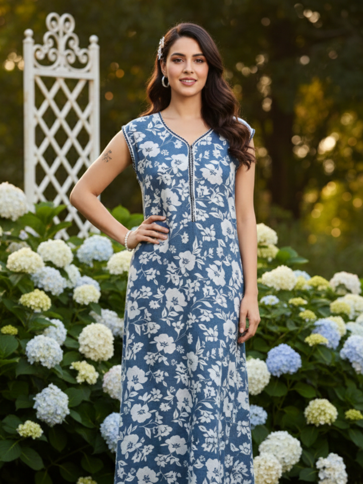 Teal Blue Sleeveless Night dress for Women