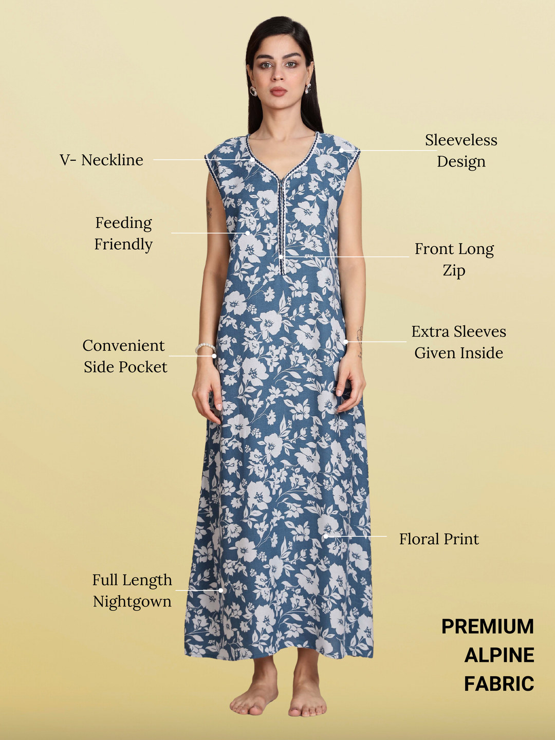 Teal Blue Sleeveless Night dress for Women