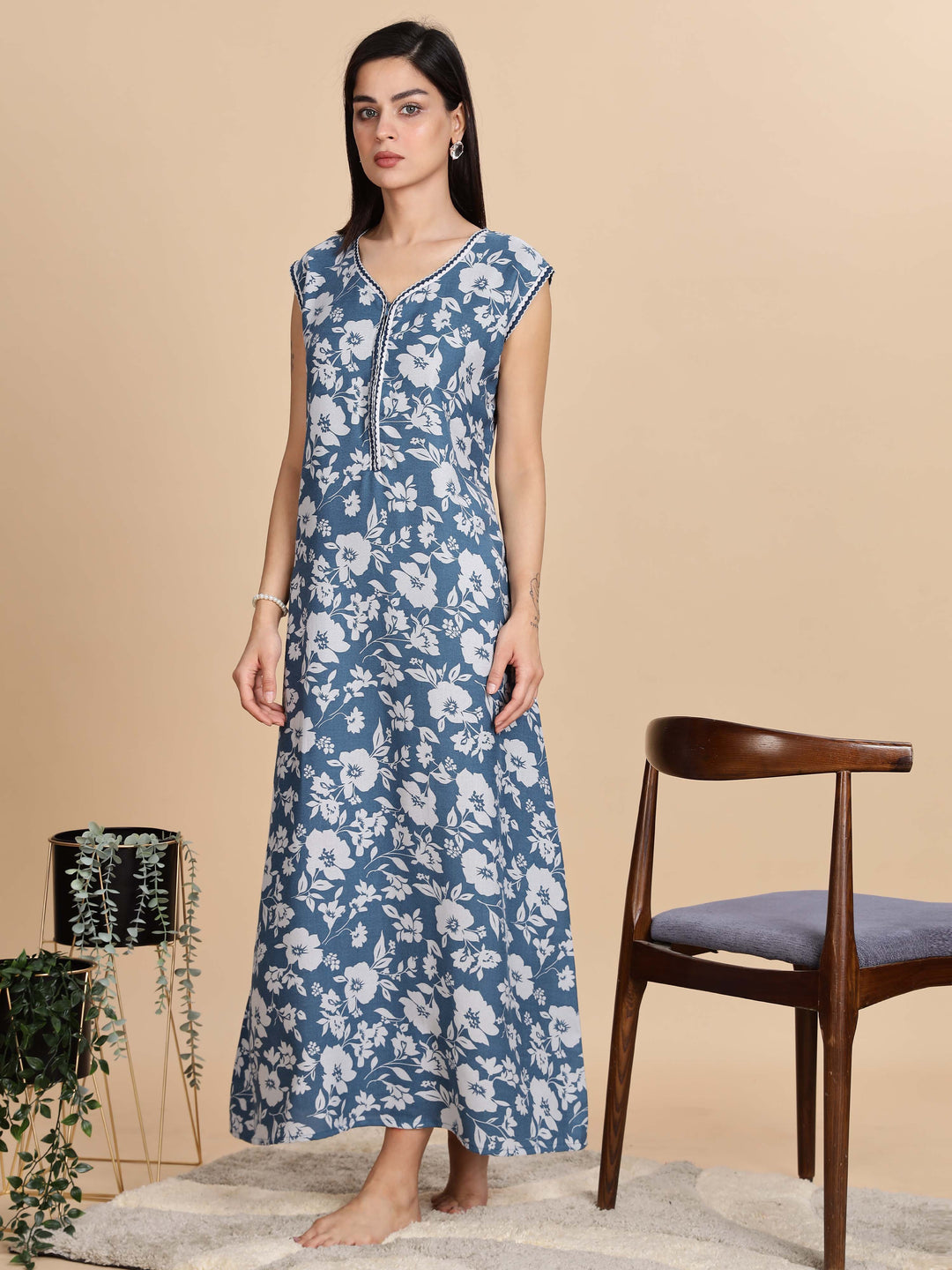 Teal Blue Sleeveless Night dress for Women