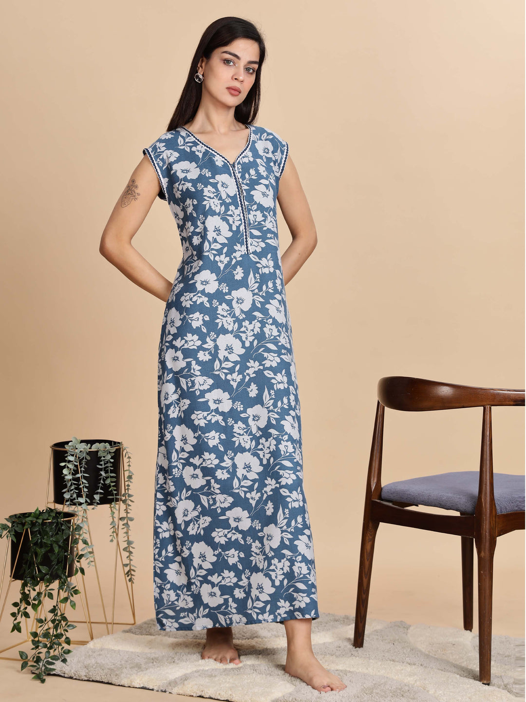 Teal Blue Sleeveless Night dress for Women