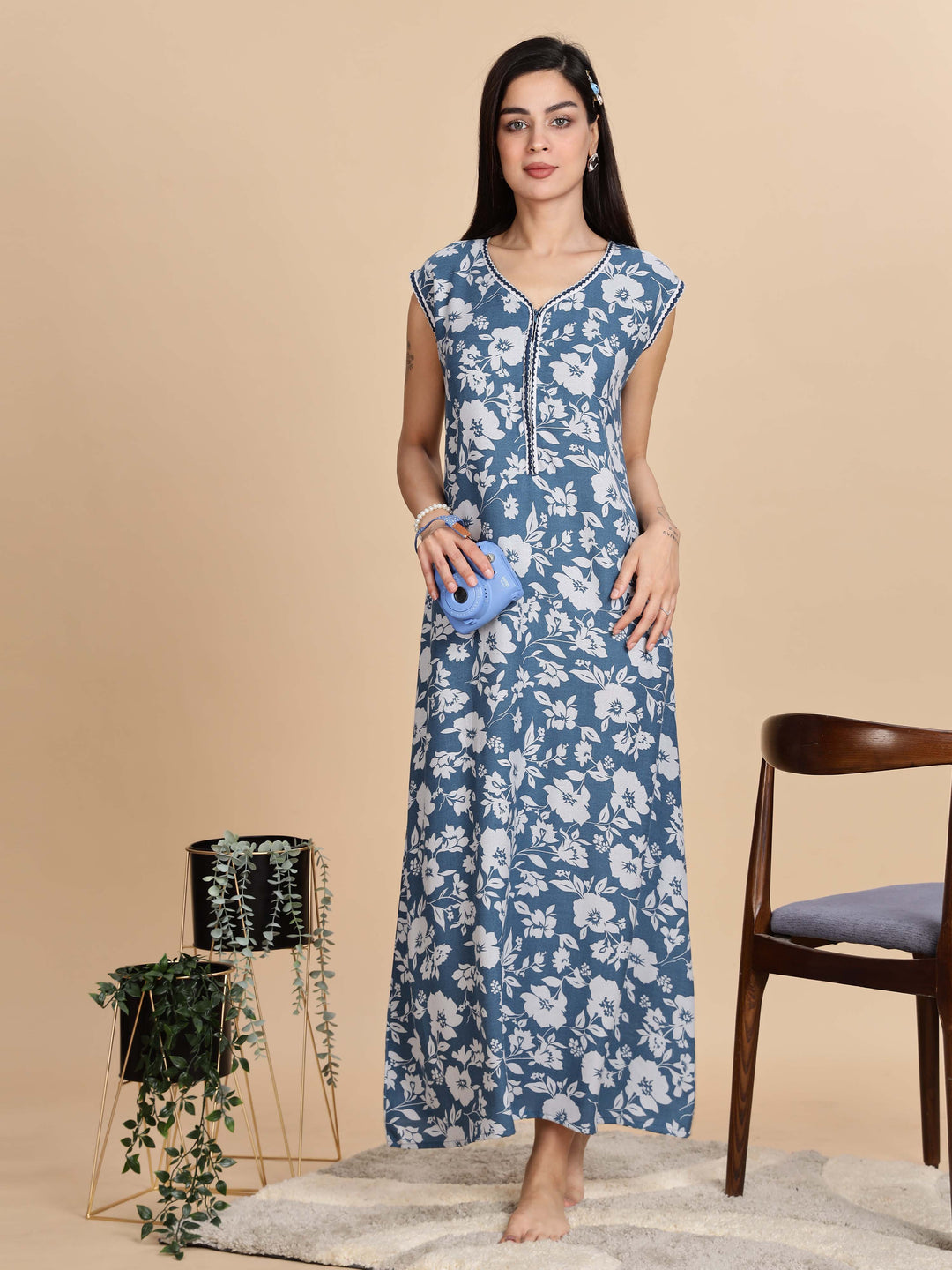 Teal Blue Sleeveless Night dress for Women