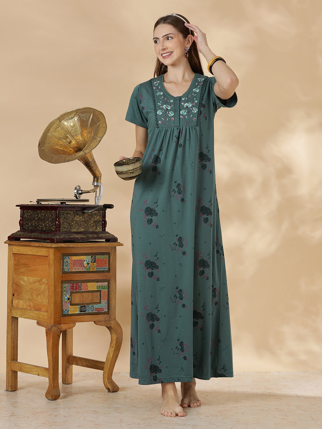 Misty teal floral cotton blend daily wear nighty for women