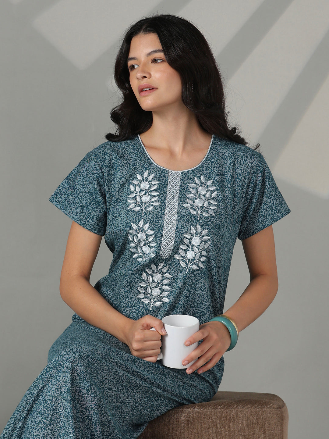 Teal floral embroidered cotton night dress for women