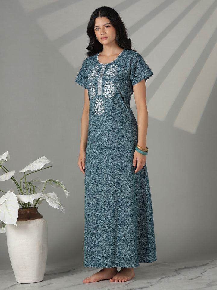 Teal floral embroidered cotton night dress for women