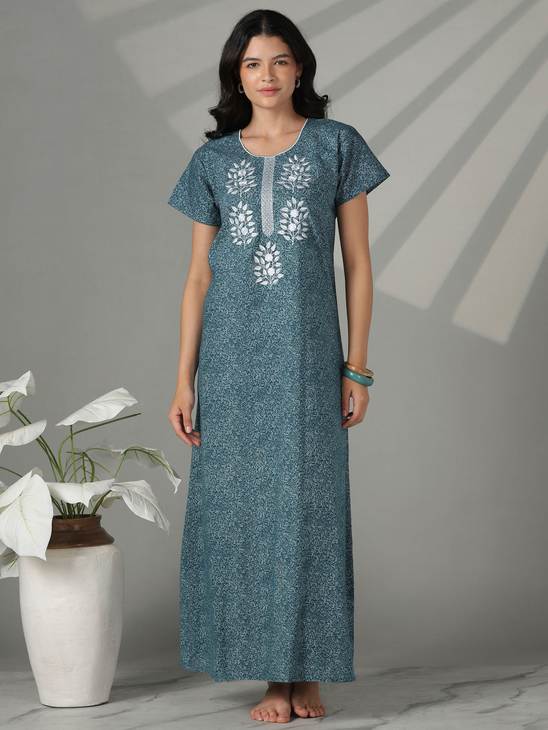 Teal floral embroidered cotton night dress for women