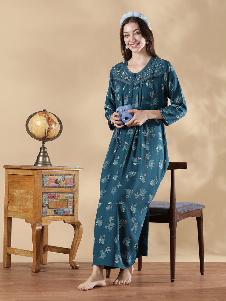 Teal blue floral print full sleeve nighty for women in alpine