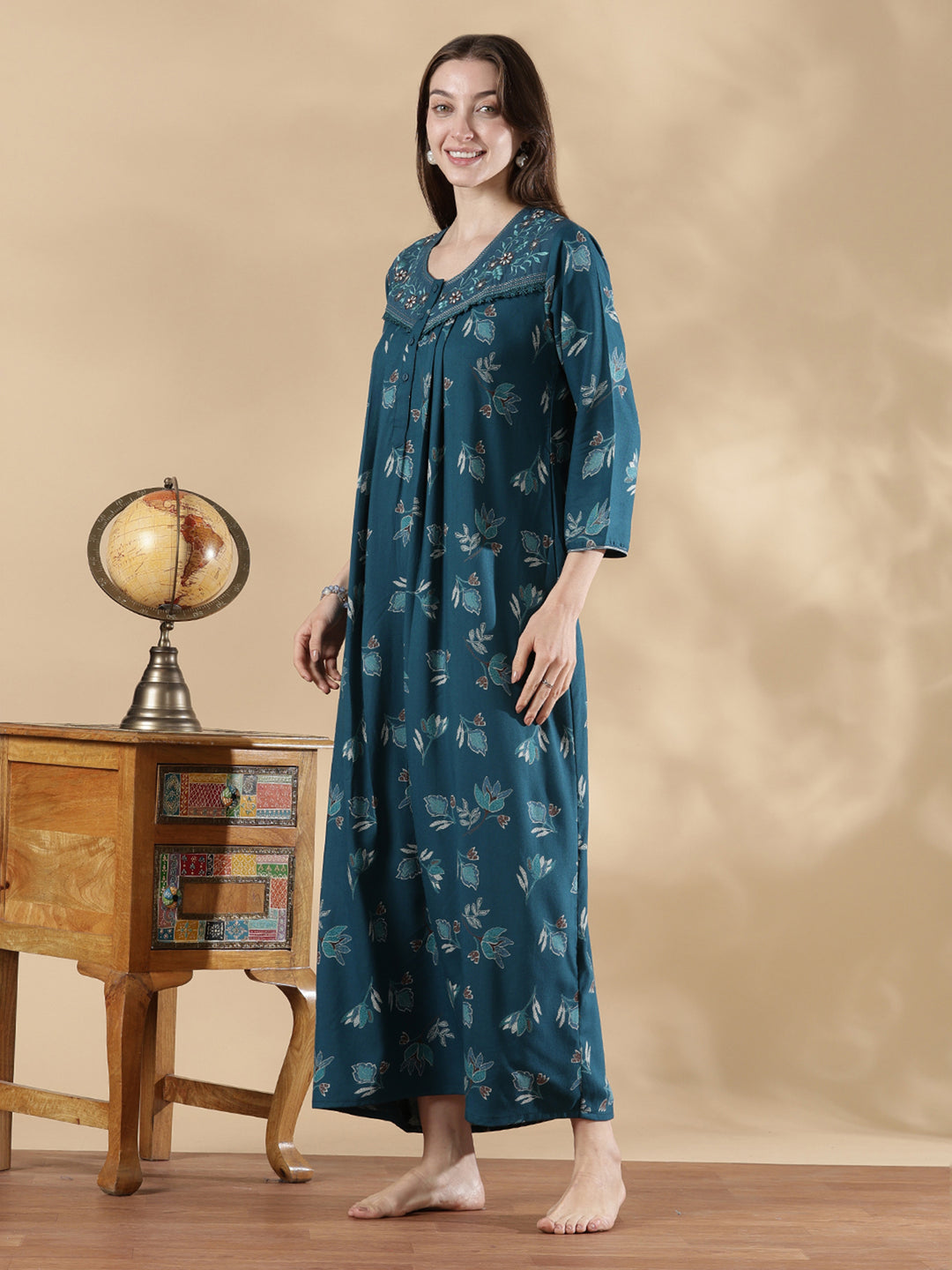 Teal blue floral print full sleeve nighty for women in alpine