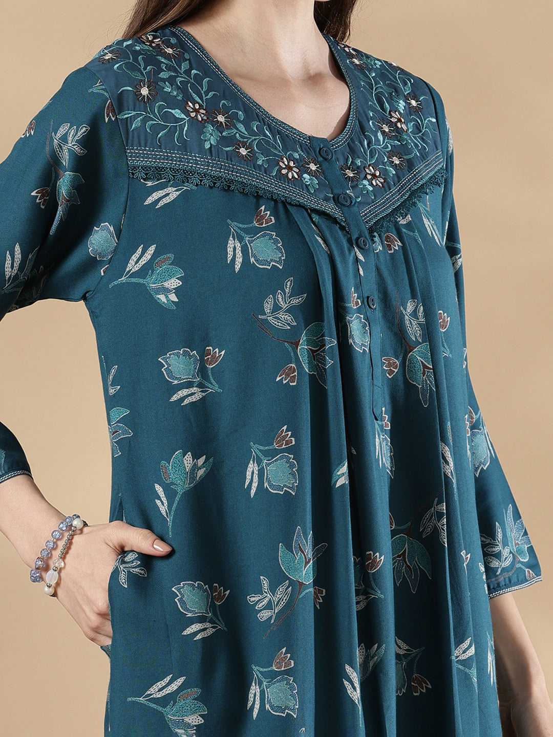 Teal blue floral print full sleeve nighty for women in alpine