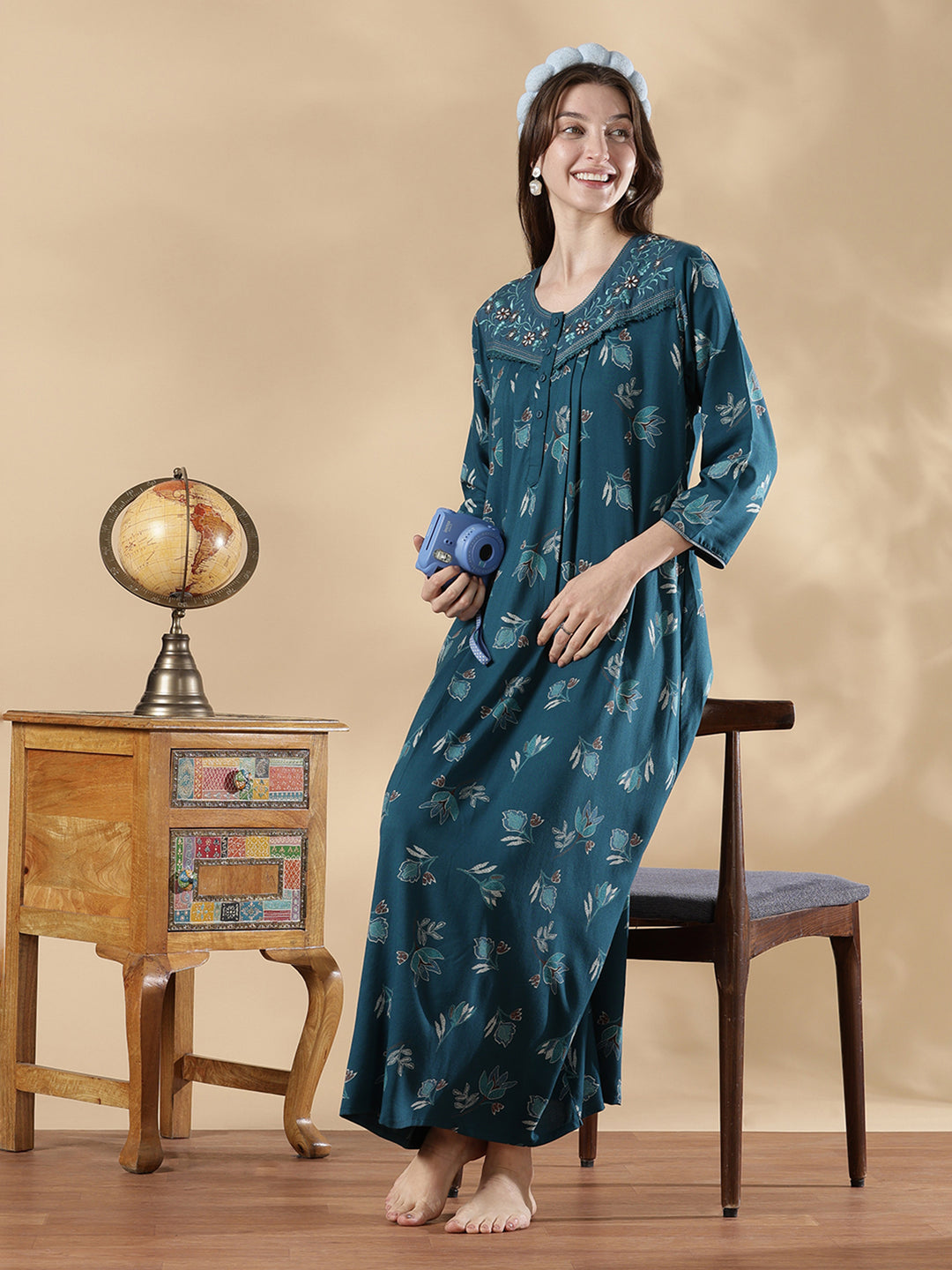 Teal blue floral print full sleeve nighty for women in alpine