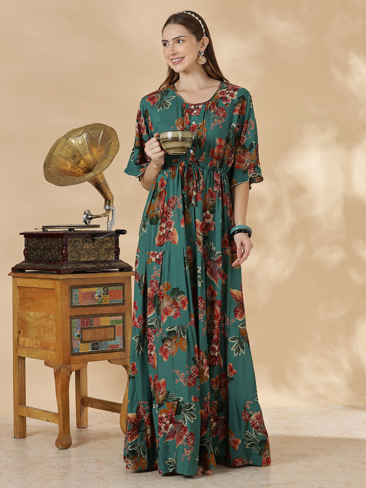 Teal green frock style comfortable nighty for women In rayon