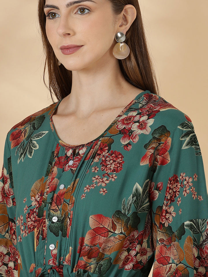 Teal green frock style comfortable nighty for women In rayon