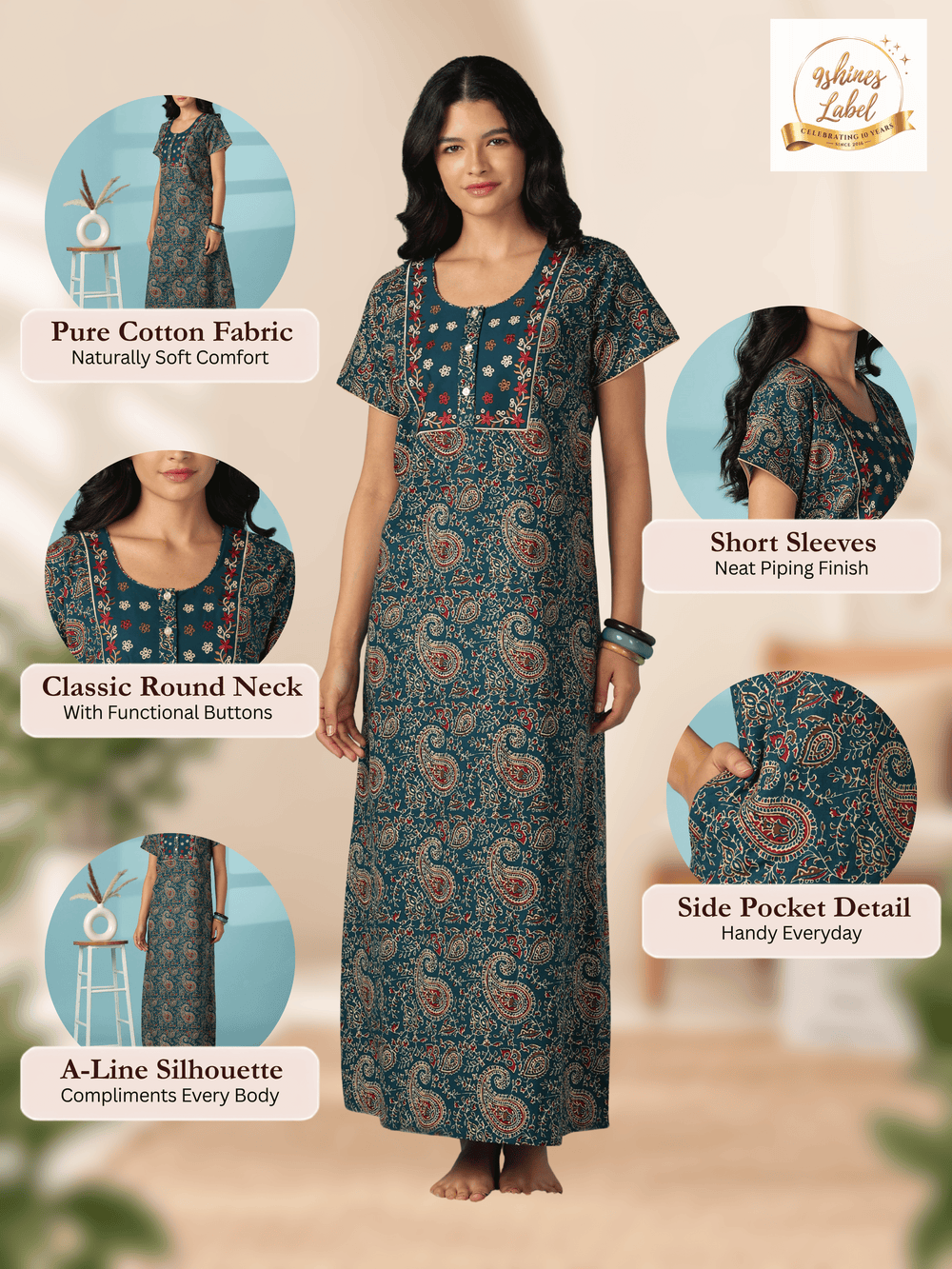Teal paisley print cotton nighty dress for women