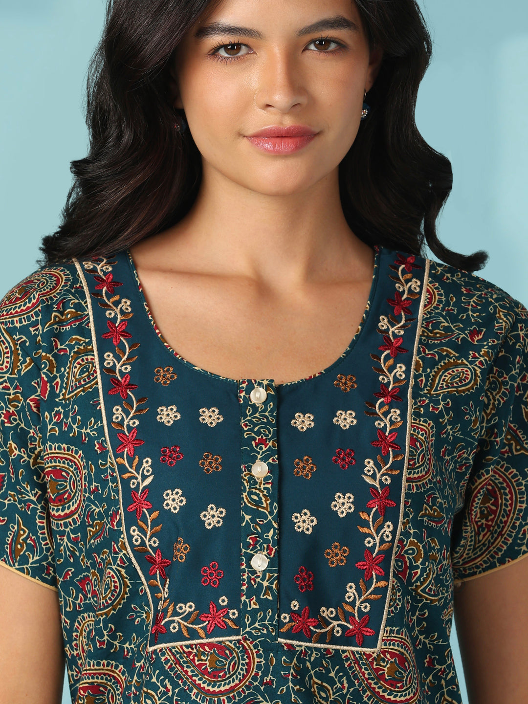 Teal paisley print cotton nighty dress for women