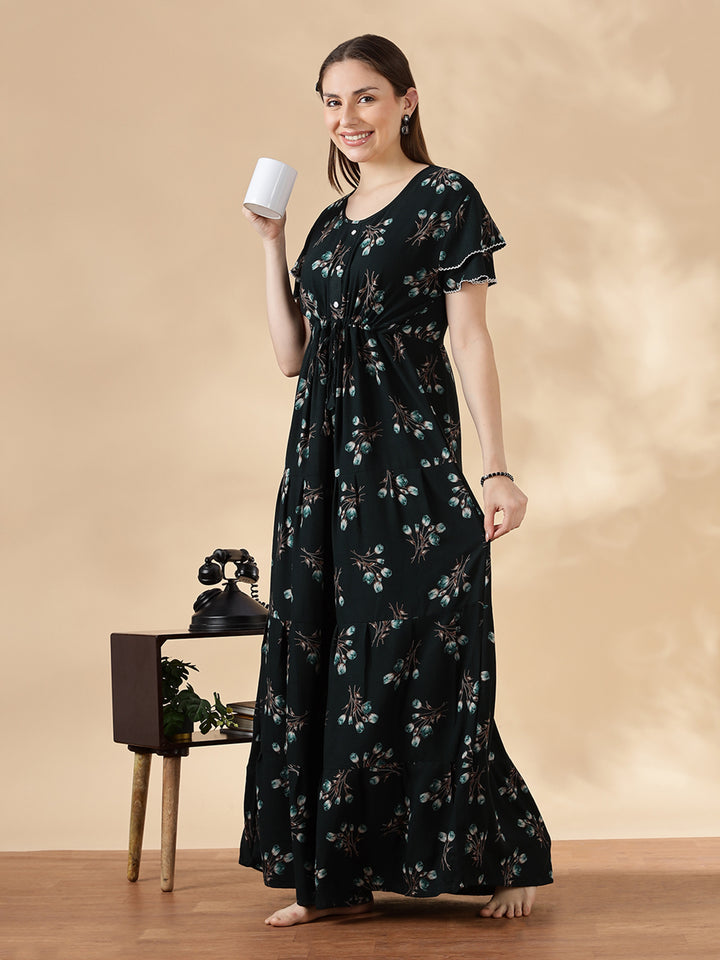 Tulip green floral alpine nighty dress for women In India