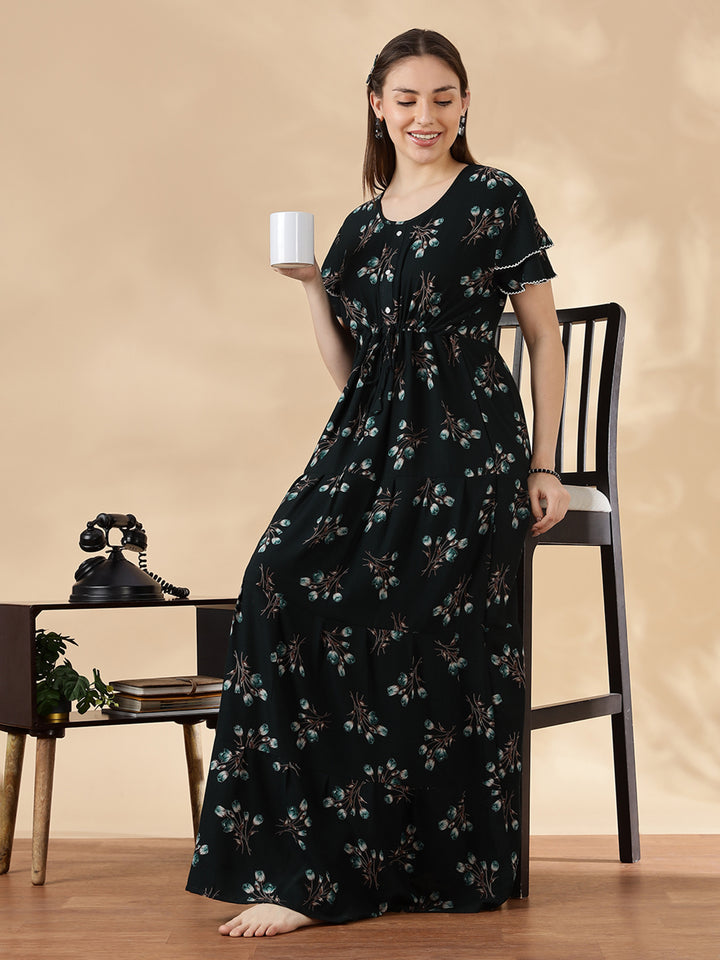 Tulip green floral alpine nighty dress for women In India