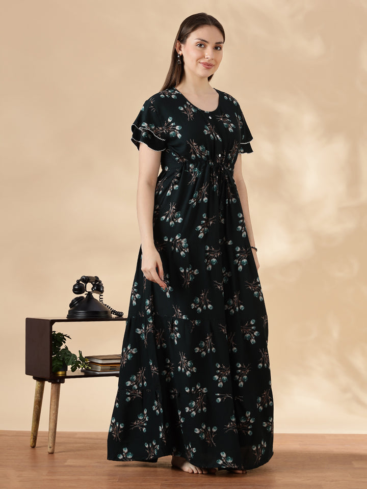 Tulip green floral alpine nighty dress for women In India