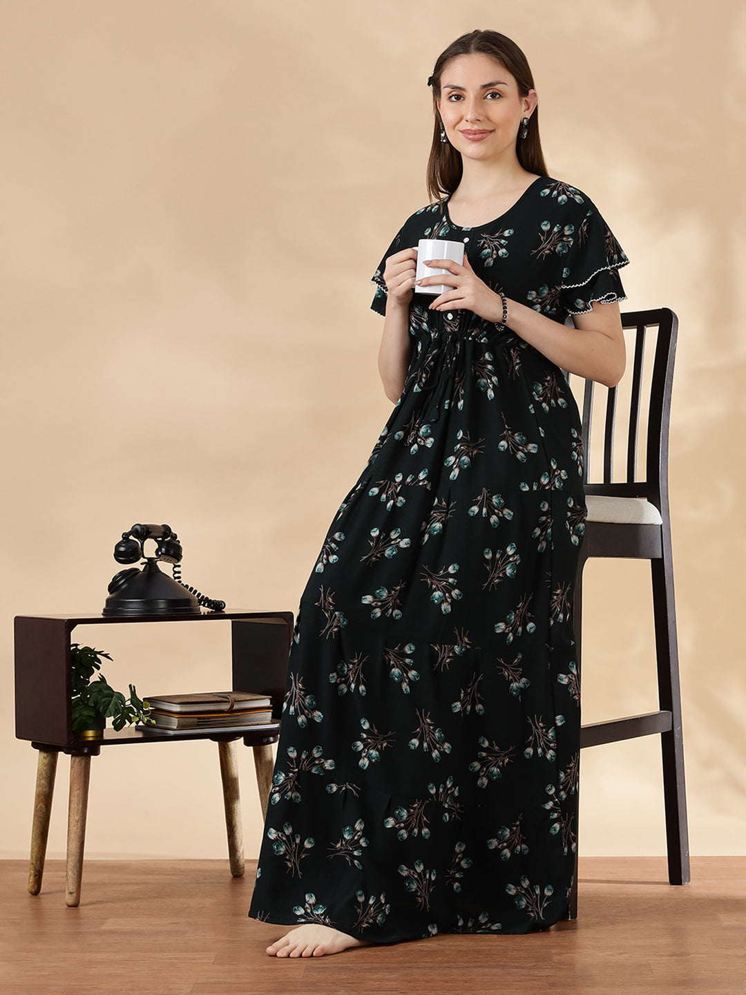 Tulip green floral alpine nighty dress for women In India