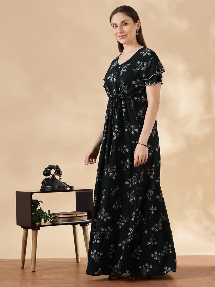 Tulip green floral alpine nighty dress for women In India