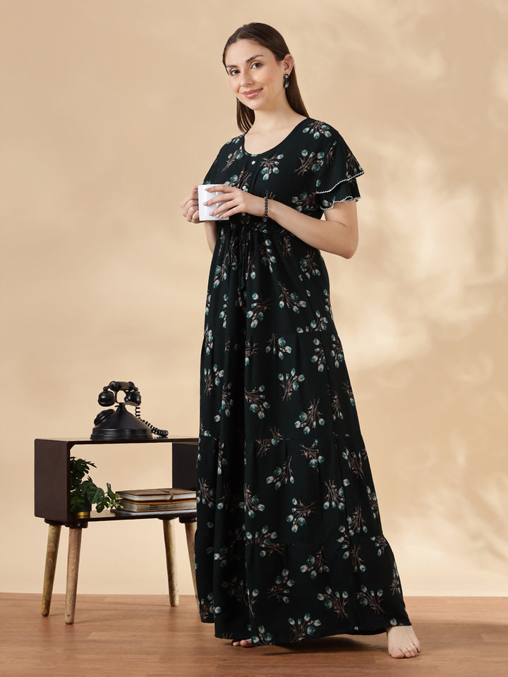 Tulip green floral alpine nighty dress for women In India