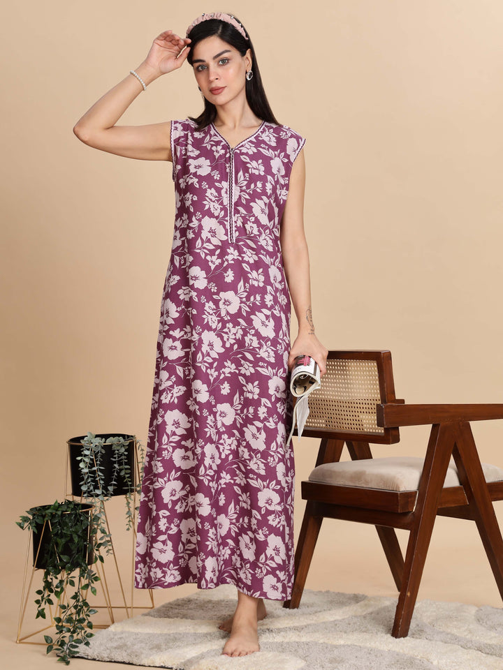 Teal violet sleeveless nighty dress for women