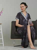 Plum Mist Viscose Blend Housecoat with Floral Sketch Print for Women