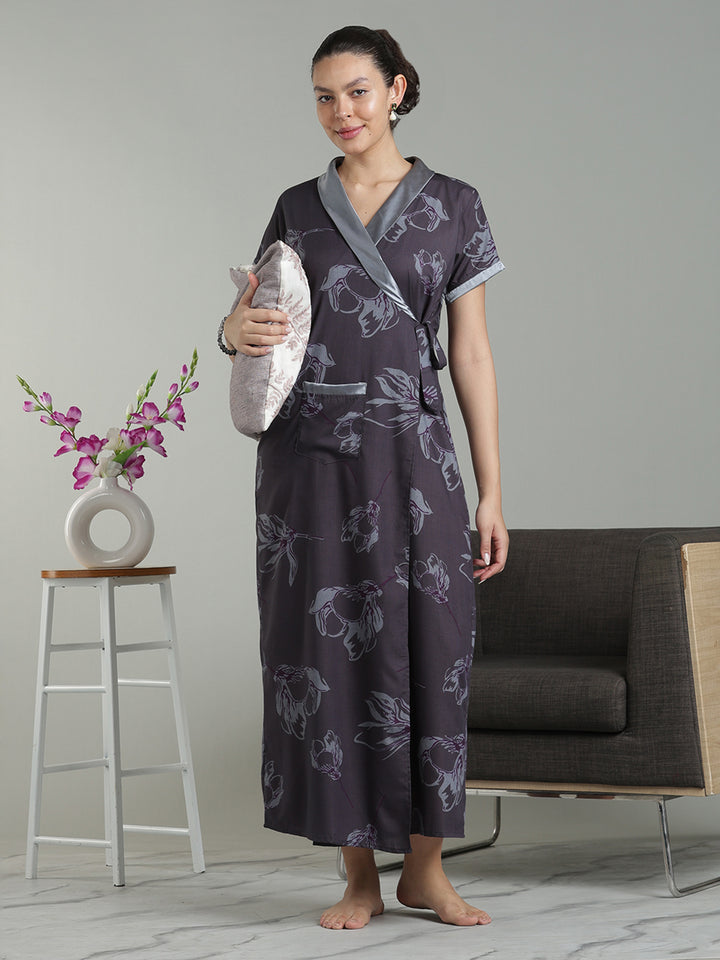 Plum Mist Viscose Blend Housecoat with Floral Sketch Print for Women