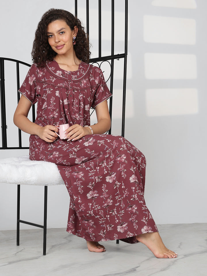 Wine floral alpine designer nighty for women
