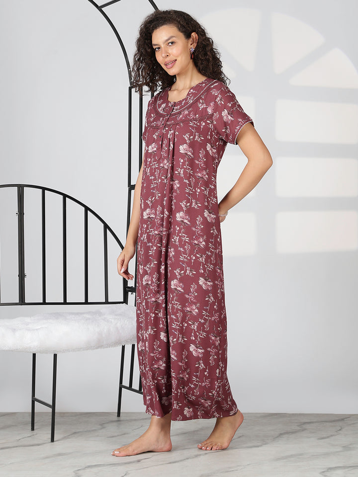 Wine floral alpine designer nighty for women